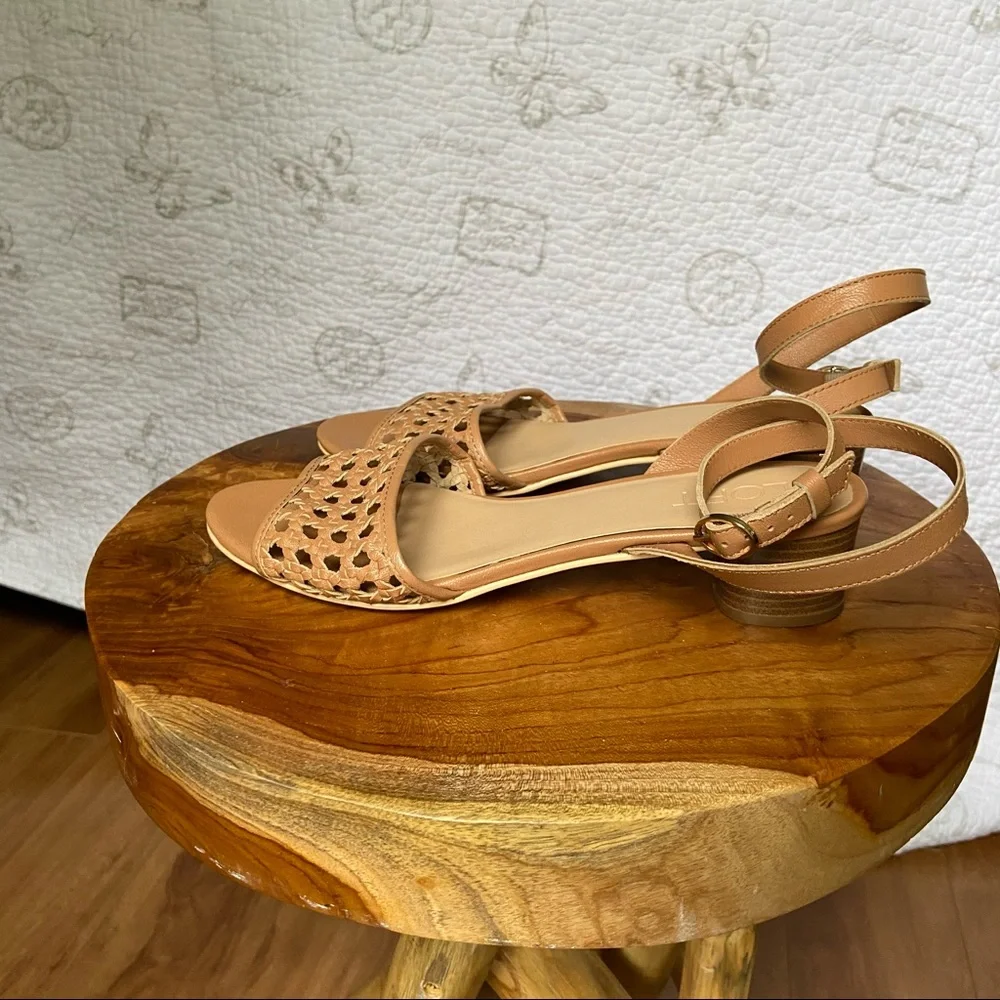LOFT Tan Woven Ankle-Strap Block Heel Sandals - Picture 7 of 9